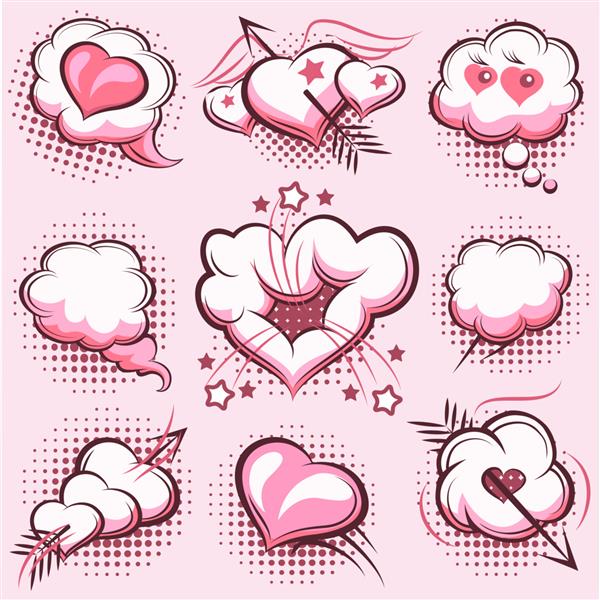 مجموعه ای از عناصر کمیک برای روز ولنتاین با انفجار قلب و فلش به رنگ صورتی ابرها عشق تصویر وکتور