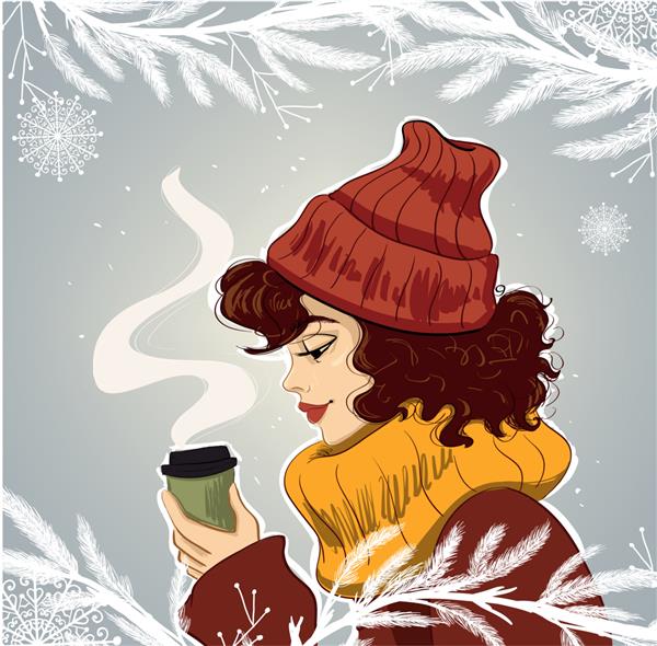 زن با کلاه با تصویر فنجان قهوه