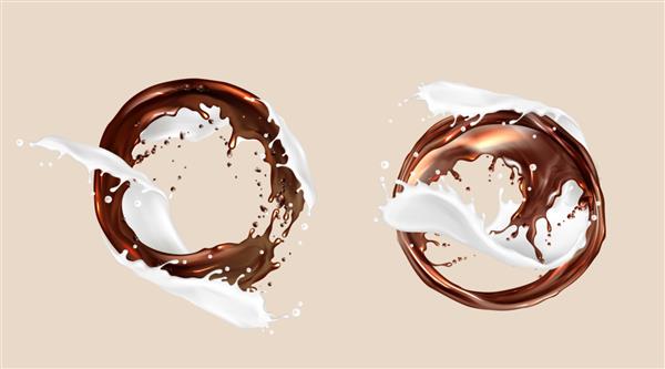 پاشیده شدن قهوه و شیر مخلوط شکلات و لبنیات جریان های چرخشی گرد مایعات قهوه ای سفید با قطرات پاشیده قاب ها عنصر پویا می چرخد