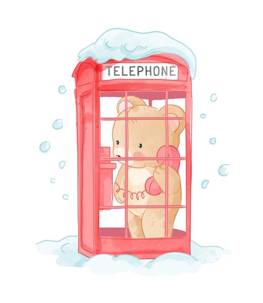 خرس ناز در تصویر باجه تلفن برفی