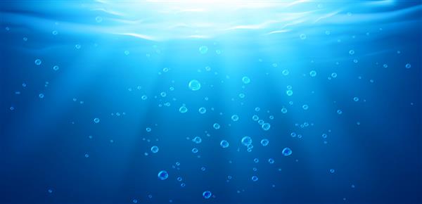 پس زمینه زیر آب سطح آب اقیانوس دریا بافت آبی شفاف استخر با حباب های هوا امواج و اشعه های خورشید در حال سقوط الگوی تبلیغاتی تصویر سه بعدی واقع گرایانه