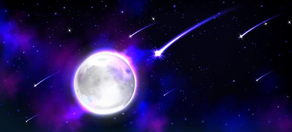 ماه واقع گرایانه در فضا با ستاره ها و شهاب ها
