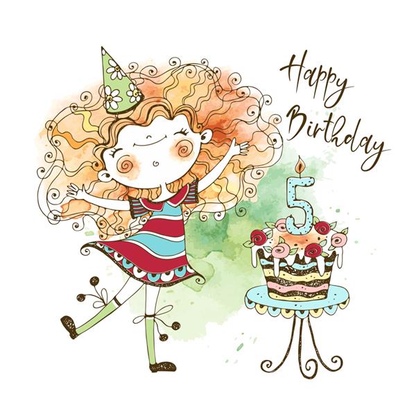 کارت تولد با دختر مو قرمز ناز و کیک بزرگ برای پنجمین سالگرد به روش آبرنگ و دودل