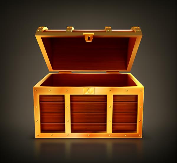 صندوق گنج جعبه چوبی خالی تابوت باز با جزئیات طلایی و سوراخ کلید