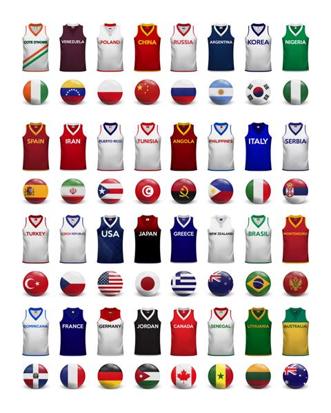 پیراهن بسکتبال مجموعه تی شرت ها و پرچم های تیم های ملی