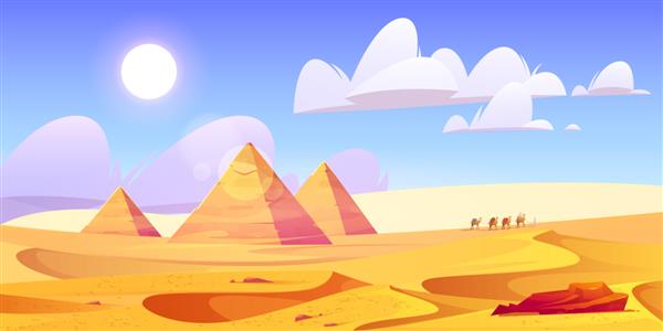 منظره صحرای مصر با اهرام و کاروان شتر