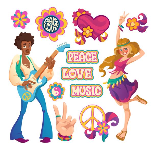 مجموعه ای از نمادهای فرهنگ هیپی با قلب گل حرکت دست زن و مرد شاد با گیتار جدا شده