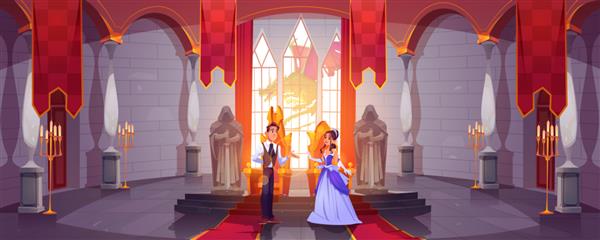 شاهزاده و شاهزاده خانم در اتاق تاج و تخت در تالار قلعه