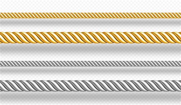طناب‌های طلایی و نقره‌ای طناب‌های تابیده جدا شده روی دیوار سفید مجموعه واقعی از طناب‌های طلایی و فلزی ساتن تزئینی حاشیه‌های رشته‌های ابریشمی راست