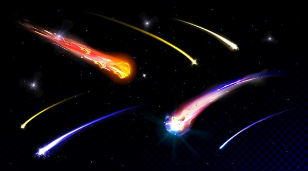 ستاره‌های دنباله‌دار در آسمان پرستاره یا در اعماق فضا در حال سقوط با شهاب‌سنگ‌های دنباله‌دار آتش روی دیوار کهکشان با شفافیت انفجار شهاب‌سنگ‌های گلوله آتشین در تصویر واقعی کیهان