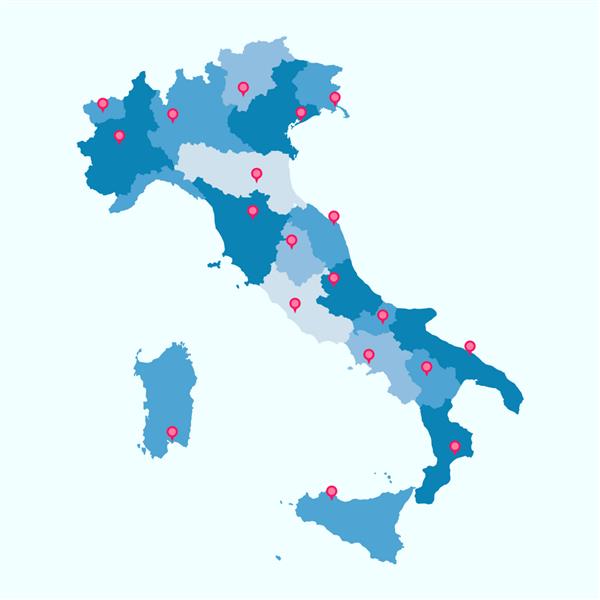 نقشه ایتالیا با پین در شهرهای بزرگ ایتالیا