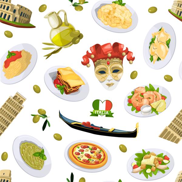 الگوی عناصر کارتونی غذاهای ایتالیایی یا تصویر پس زمینه غذاهای ایتالیایی و معماری پیزا برج
