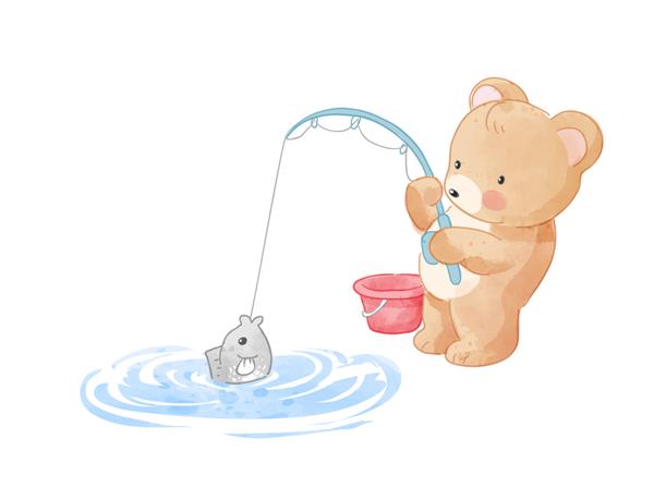 تصویر خرس کارتونی زیبا در حال ماهیگیری در برکه