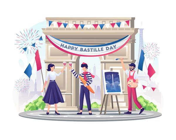 زوج و نقاش شاد فرانسوی روز باستیل را در تصویرسازی 14 جولای جشن می گیرند