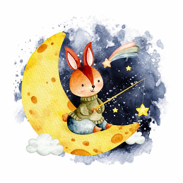 ستاره ماهیگیری خرگوش بامزه آبرنگ روی ماه