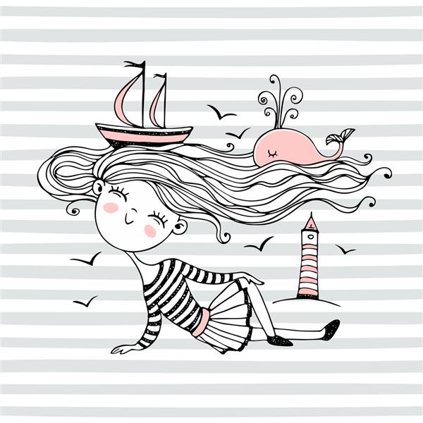 دختر ملوان کوچولوی ناز با اقیانوسی از مو که روی آن کشتی ها و یک نهنگ شنا می کنند وکتور