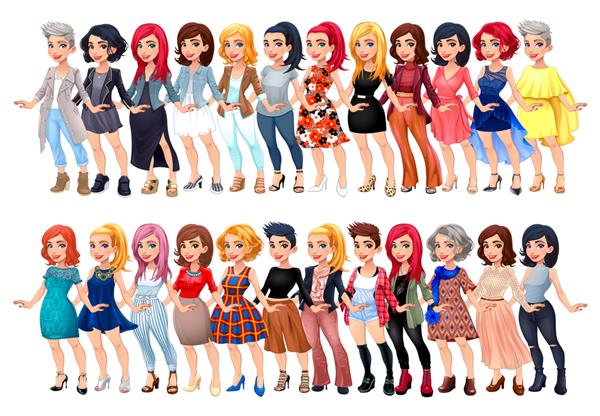 آواتار مد زنانه متنوع وکتور شخصیت های کارتونی با لباس کفش و مدل موی مختلف همه آنها قابل تعویض هستند