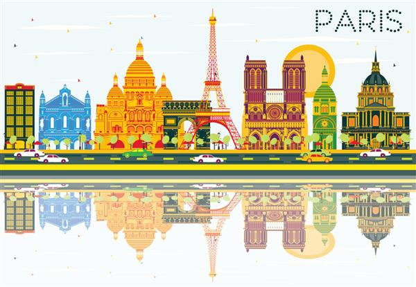 خط افق پاریس با ساختمان های رنگی آسمان آبی و بازتاب تصویر برداری مفهوم سفر کاری و گردشگری با معماری تاریخی تصویر برای پلاکارد بنر ارائه و وب سایت