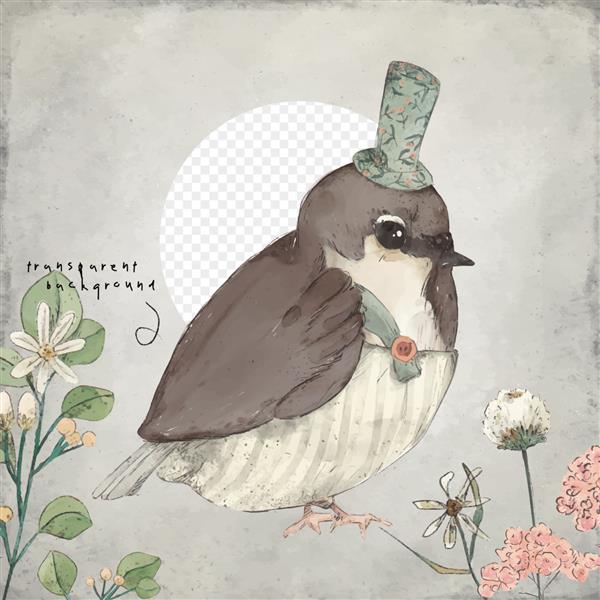 تصویرسازی پرنده آبرنگ قارچ گل برگ و مجموعه طراحی شده با دست وحشی طبیعی