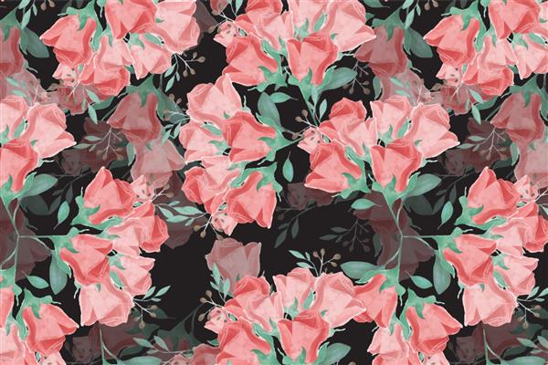 تصویر کاغذ دیواری هنر گل به سبک آبرنگ در الگوی بدون درز گیاه شناسی