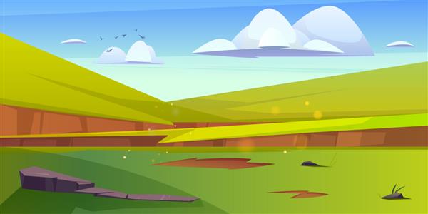 کارتون منظره طبیعت میدان سبز با چمن و صخره زیر آسمان آبی با ابرهای کرکی و مگس