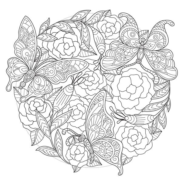 تصویر طراحی شده با دست از پروانه و گل