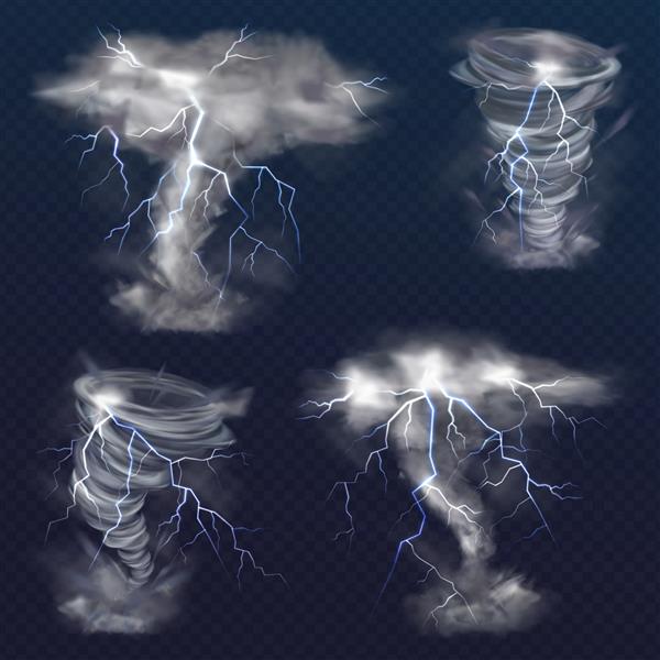 گردباد با تصویر رعد و برق از فلش نور صاعقه واقعی در طوفان پیچ‌دار