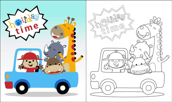 کتاب رنگ آمیزی با حیوانات شاد روی وسیله نقلیه