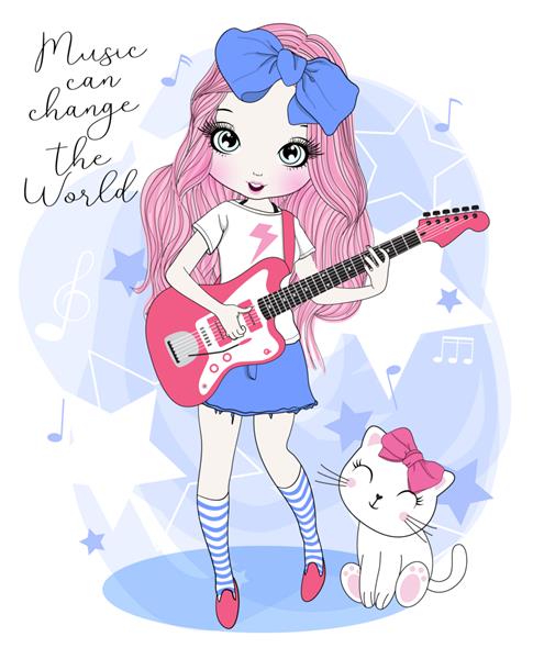 دختر ناز با دست کشیده در حال نواختن گیتار