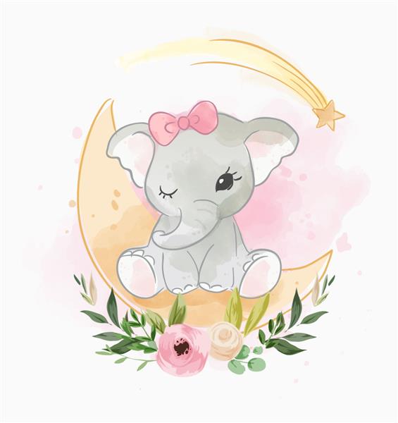 بچه فیل با گل روی ماه نشسته است