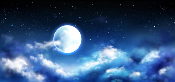 ماه کامل در آسمان شب با صحنه ستاره ها و ابرها