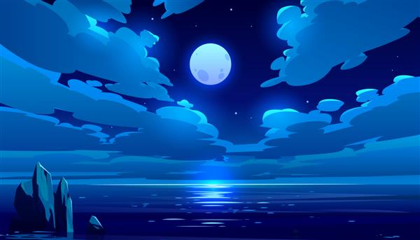 تصویر کارتونی شب ماه کامل اقیانوس