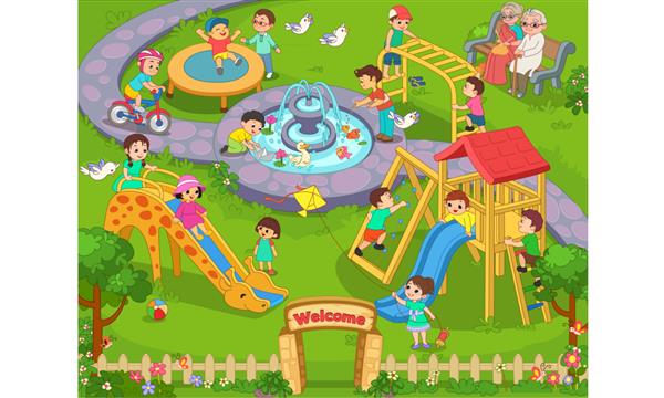 تصویر کارتونی کودکان در حال بازی در باغ