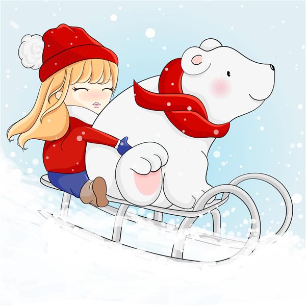 دختر ناز و خرس قطبی در حال اسکی هستند