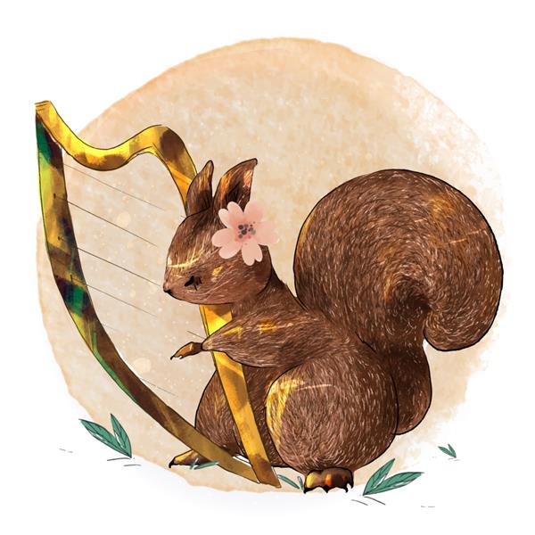 سنجاب حیوانی ناز با آبرنگ نقاشی شده با دست روی شاخه ای با گل ها و برگ های استوایی موسیقی پخش می کند