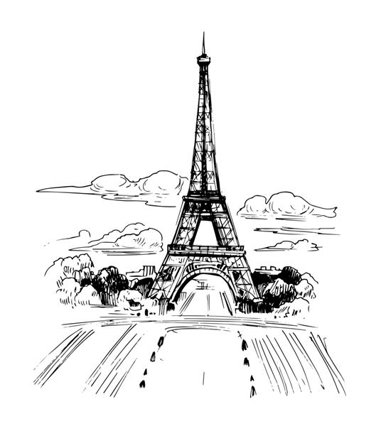 تصویر پاریس با برج ایفل طرح جوهر کشیده شده با دست