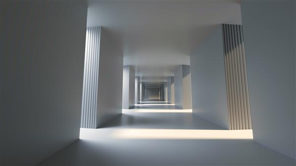 راهروی طولانی روشن با رندر سه بعدی با نور آفتاب جانبی روشن