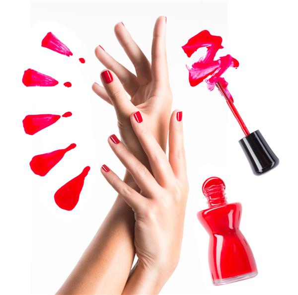 دست های زیبای زن با مانیکور قرمز و بطری لاک ناخن با قلم مو