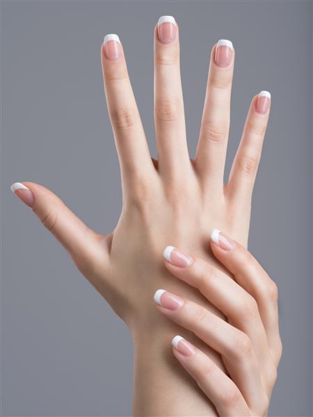 دست های زیبای زن با مانیکور فرانسوی روی ناخن
