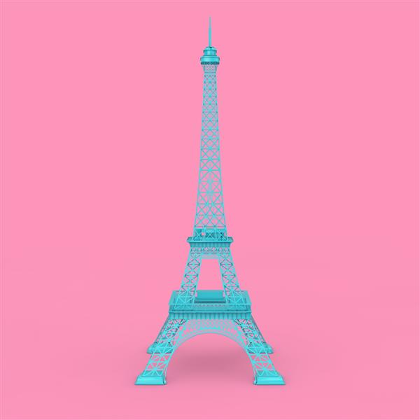 رندر سه بعدی مجسمه برج ایفل آبی پاریس در پس زمینه صورتی