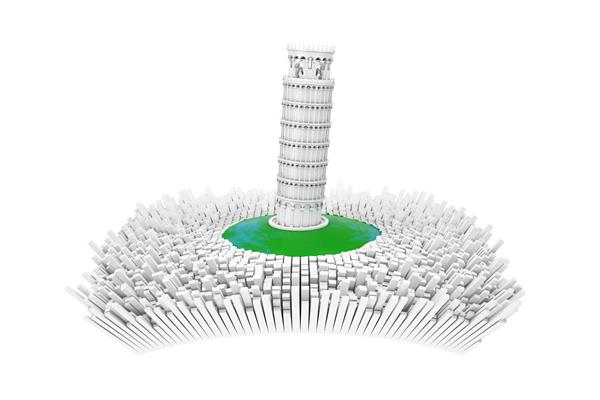 مفهوم ایتالیا برج پیزا کج سفید انتزاعی در مرکز شهر انتزاعی ایتالیا با بسیاری از ساختمان های انتزاعی در پس زمینه سفید رندر سه بعدی
