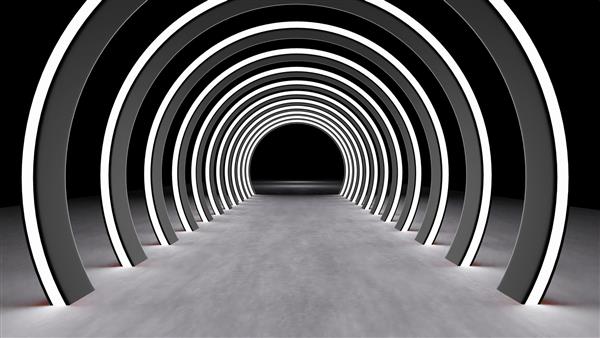رندر سه بعدی عناصر تصویر پس زمینه تونل دایره نور نئون انتزاعی
