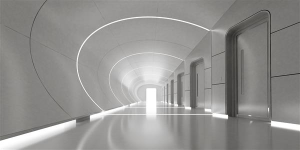 رندر خالی راهرو یا طراحی داخلی ساختمان با افکت نور