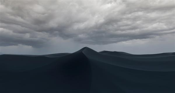 پانورامای تپه های شنی بیابان شن آتشفشانی سیاه در برابر ابرهای باران پس زمینه تپه های بی پایان از شن های سیاه چشم انداز کویری موج های طبیعت شنی