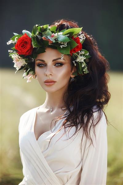 زنی با لباس بلند در مزرعه ای با تاج گل بر سر و دسته گل در دستانش ایستاده است زنی زیبا در زیر پرتوهای آفتاب عصر در پاییز در روستا زندگی روستایی و مد
