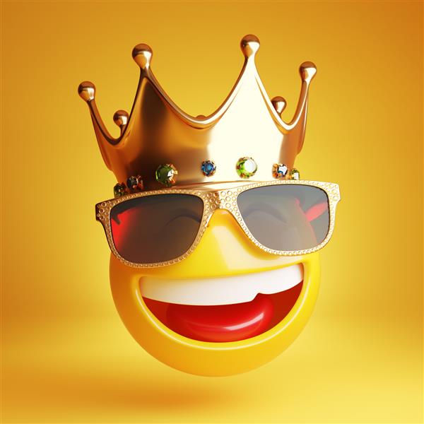 لبخند ایموجی با عینک آفتابی طلایی و 3D تاج سلطنتی