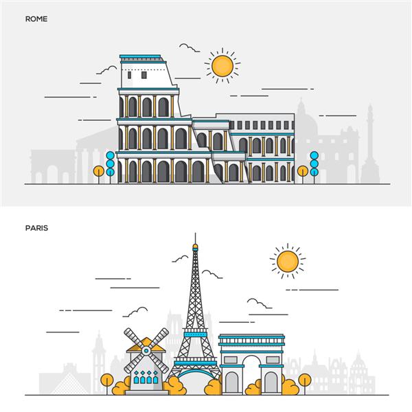 مجموعه ای از بنرهای رنگی خطی برای شهر رم و پاریس