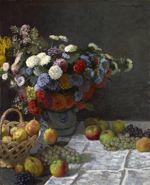 نقاشی طبیعت بی جان با گل و میوه اثر پیر اوگوست رنوار