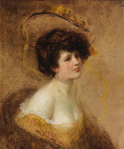 خانمی با کلاه و لباس زرد نقاشی اثر ادوارد ویت