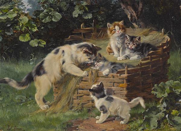 نقاشی گربه مادر و چهار بچه گربه اثر جولیوس آدام